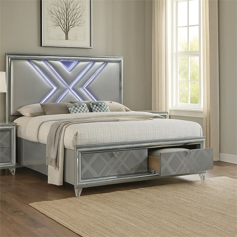 Benjara Lin Queen Size Bed w LED- Footboard Storage Drawers- Silver Upholstery