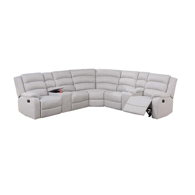 Benjara Rexy L Shape Sofa- 3pc Manual Reclining Sectional- Clean White Burlap