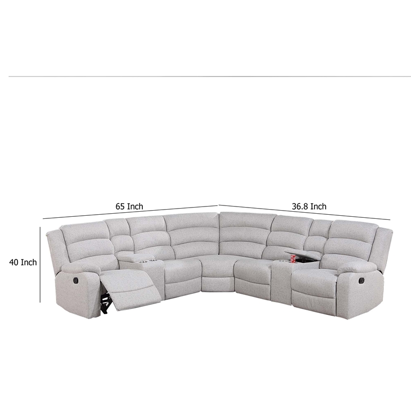 Benjara Rexy L Shape Sofa- 3pc Manual Reclining Sectional- Clean White Burlap