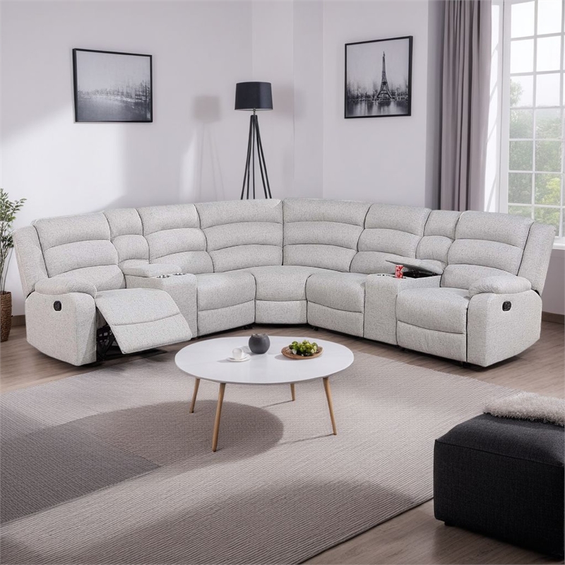 Benjara Rexy L Shape Sofa- 3pc Manual Reclining Sectional- Clean White Burlap