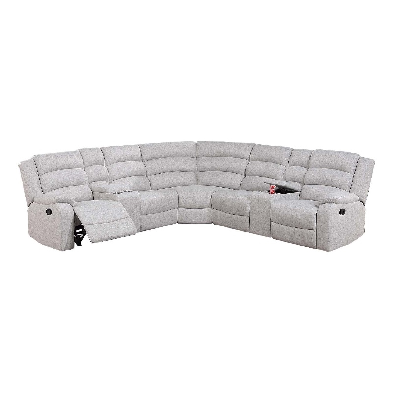 Benjara Rexy L Shape Sofa- 3pc Manual Reclining Sectional- Clean White Burlap
