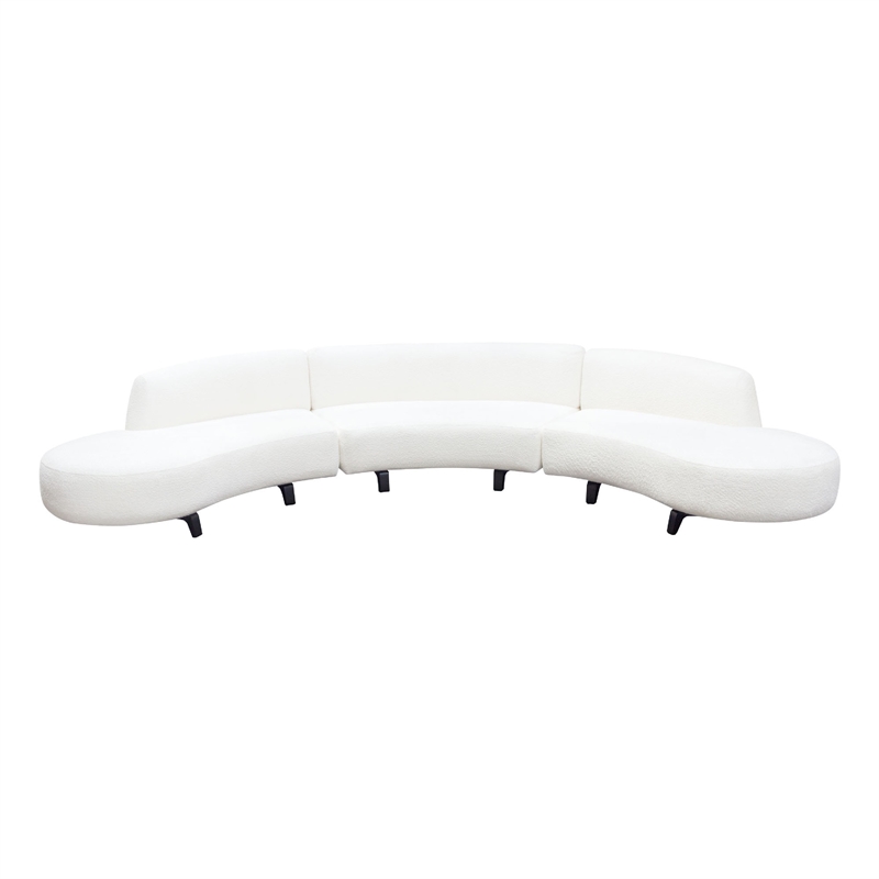 Benjara Ikka 3pc Modular Curved Sofa w Chaise- White Faux Shearling- Black Wood