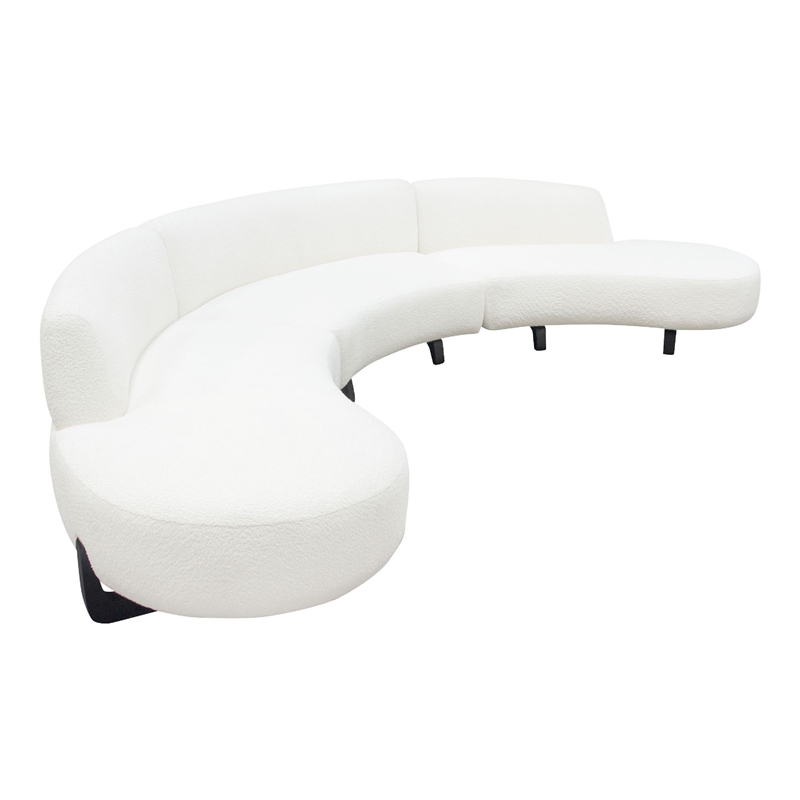 Benjara Ikka 3pc Modular Curved Sofa w Chaise- White Faux Shearling- Black Wood