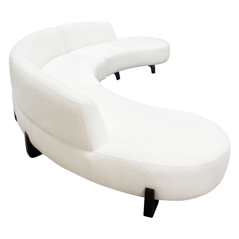 Benjara Ikka 3pc Modular Curved Sofa w Chaise- White Faux Shearling- Black Wood