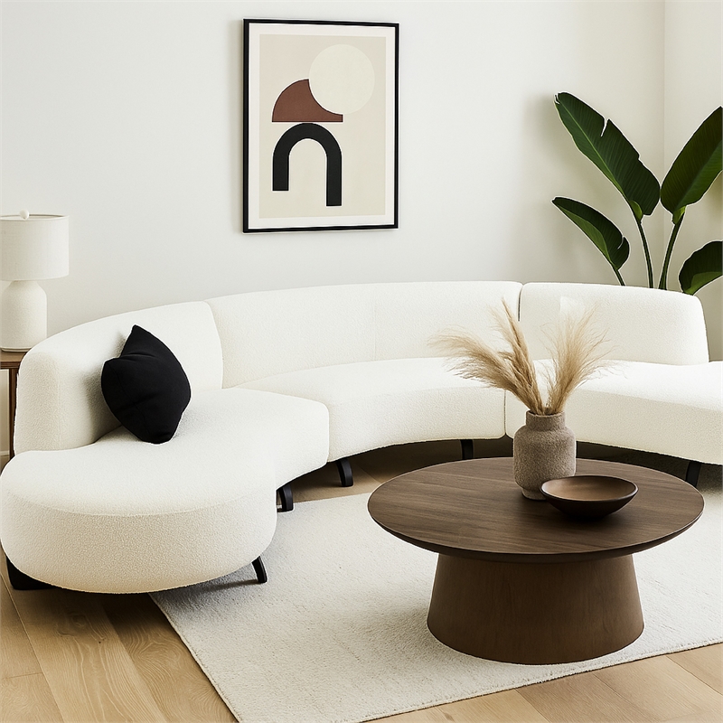 Benjara Ikka 3pc Modular Curved Sofa w Chaise- White Faux Shearling- Black Wood