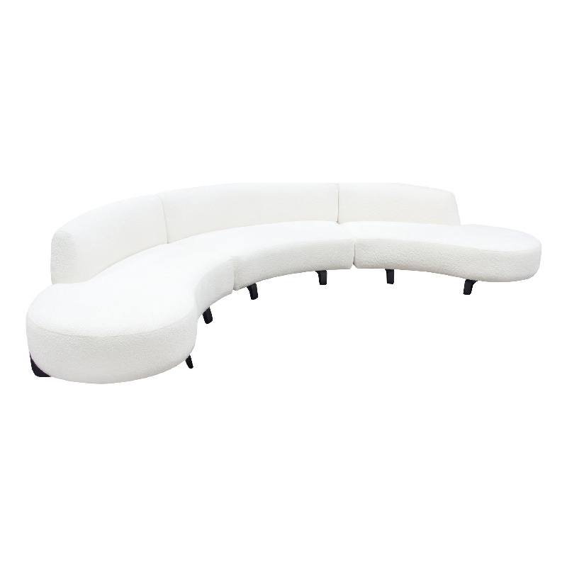 Benjara Ikka 3pc Modular Curved Sofa w Chaise- White Faux Shearling- Black Wood