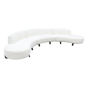 Benjara Ikka 3pc Modular Curved Sofa w Chaise- White Faux Shearling- Black Wood