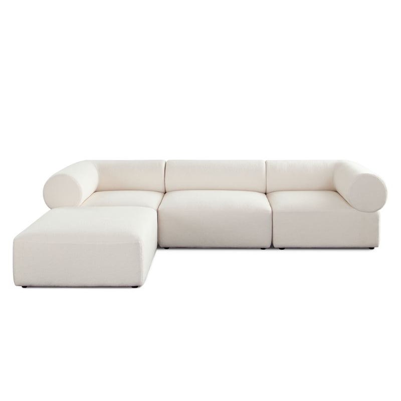 Benjara Zey 4pc Sectional Sofa w/ Reversible Chaise Ottoman Set- Ivory Sherpa