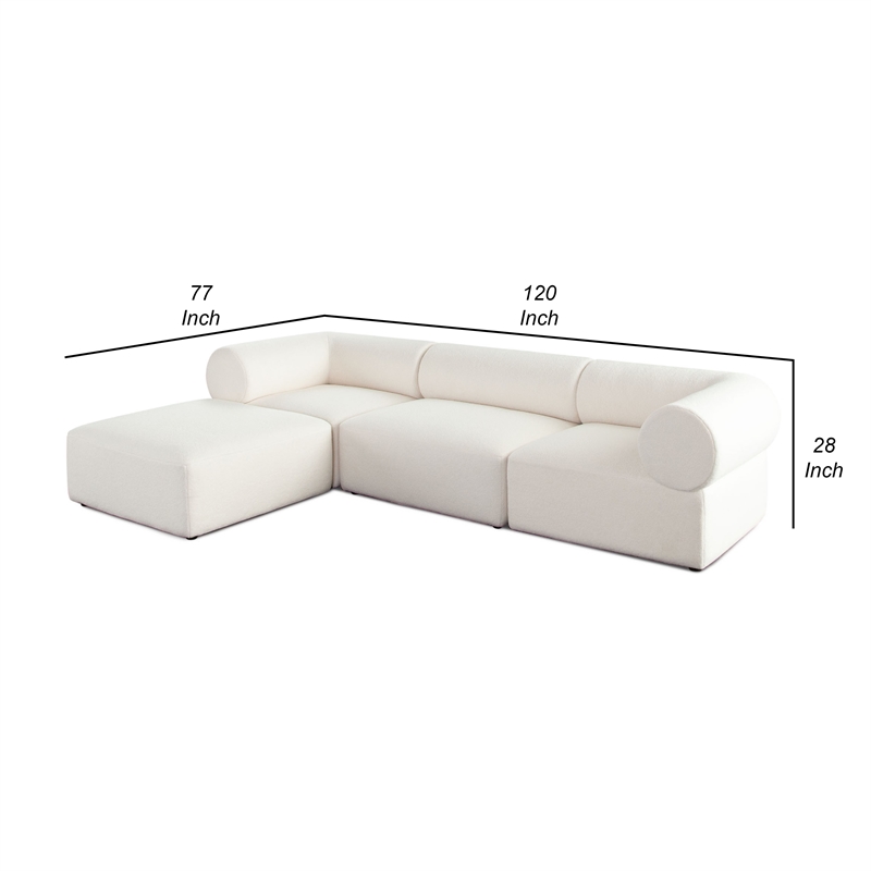 Benjara Zey 4pc Sectional Sofa w/ Reversible Chaise Ottoman Set- Ivory Sherpa
