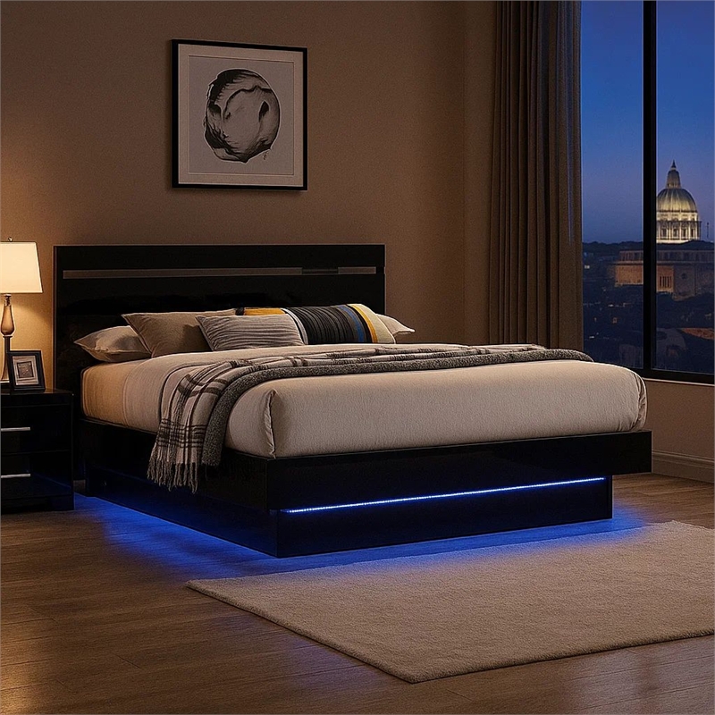 Benjara Pero King Size Bed w Silver Trimmed Headboard- LED Footboard- Black