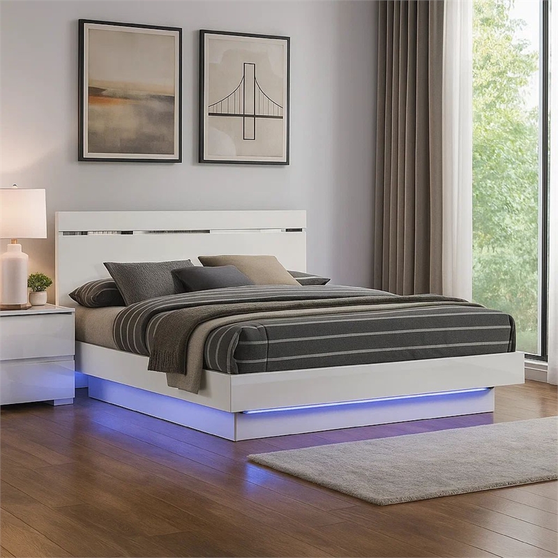 Benjara Pero King Size Bed w Silver Trimmed Headboard- LED Footboard- White