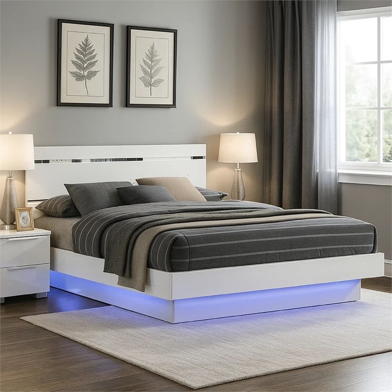 Benjara Pero King Size Bed w Silver Trimmed Headboard- LED Footboard- White