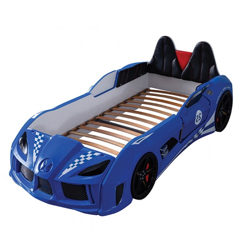 Benjara Ticy Twin Size Car Bed w Remote Control LED-Faux Leather Upholstery-Blue