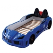 Benjara Ticy Twin Size Car Bed w Remote Control LED-Faux Leather Upholstery-Blue