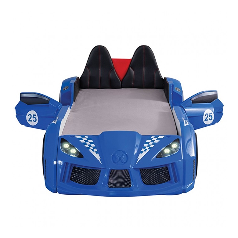 Benjara Ticy Twin Size Car Bed w Remote Control LED-Faux Leather Upholstery-Blue