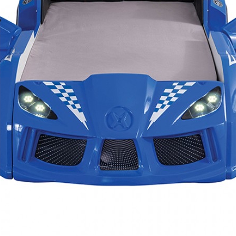 Benjara Ticy Twin Size Car Bed w Remote Control LED-Faux Leather Upholstery-Blue