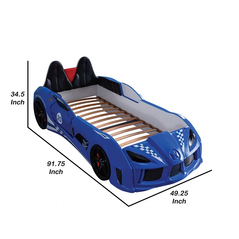 Benjara Ticy Twin Size Car Bed w Remote Control LED-Faux Leather Upholstery-Blue