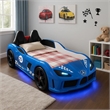 Benjara Ticy Twin Size Car Bed w Remote Control LED-Faux Leather Upholstery-Blue