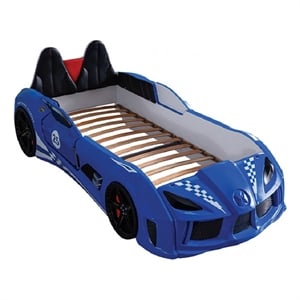 Benjara Ticy Twin Size Car Bed w Remote Control LED-Faux Leather Upholstery-Blue
