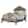 Benjara Mila Queen Bed- Carved Button Tufted Faux Leather- Mirrored- Silver