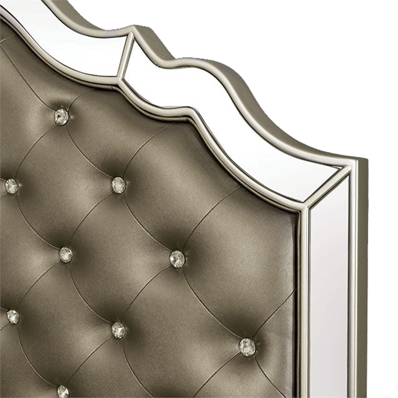 Benjara Mila Queen Bed- Carved Button Tufted Faux Leather- Mirrored- Silver