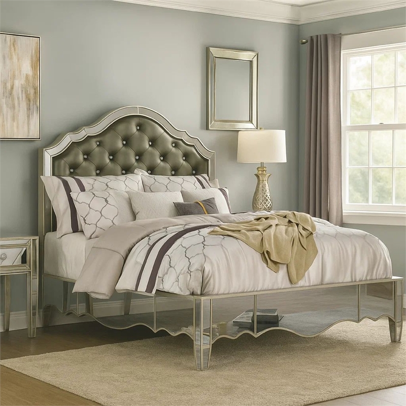 Benjara Mila Queen Bed- Carved Button Tufted Faux Leather- Mirrored- Silver