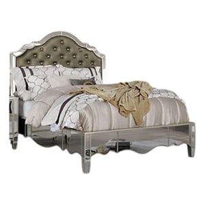 Benjara Mila Queen Bed- Carved Button Tufted Faux Leather- Mirrored- Silver