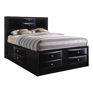 Benjara Queen Size Wooden Storage Bed w/ Eight Spacious Drawers- Black