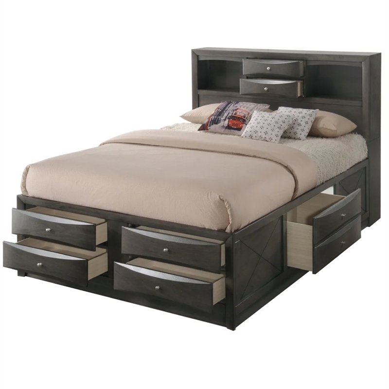 Benjara Queen Size Wooden Storage Bed w/ Eight Spacious Drawers- Brown