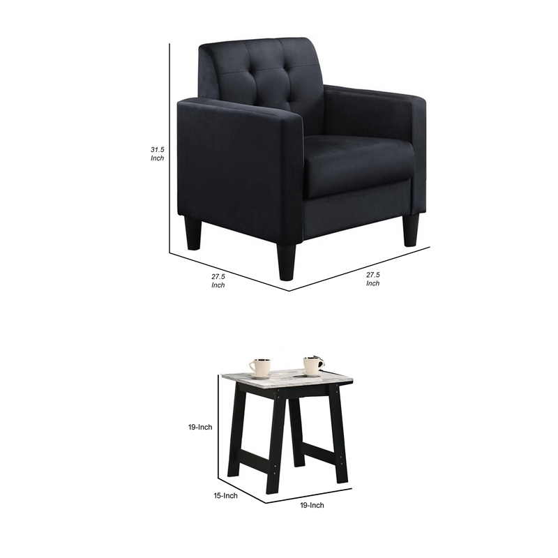 Benjara Oz Living Room Set with 2 Velvet Armchairs- Wood Accent End Table- Black