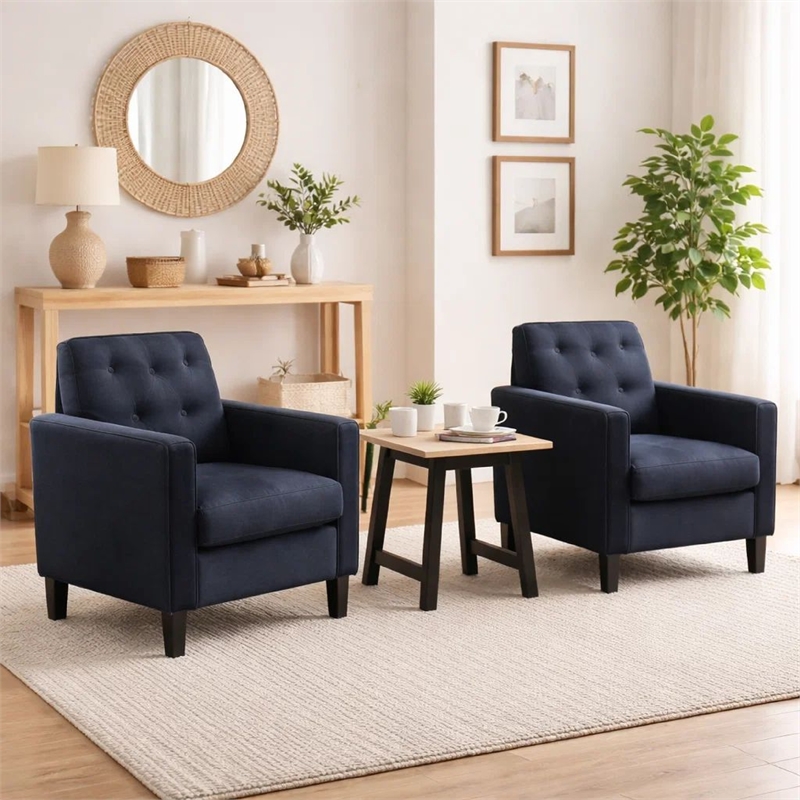 Benjara Oz Living Room Set with 2 Velvet Armchairs- Wood Accent End Table- Black
