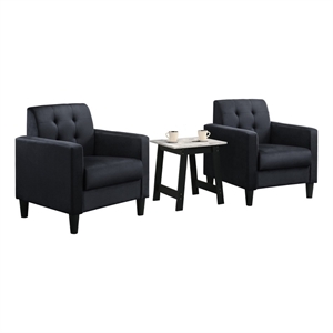 Benjara Oz Living Room Set with 2 Velvet Armchairs- Wood Accent End Table- Black