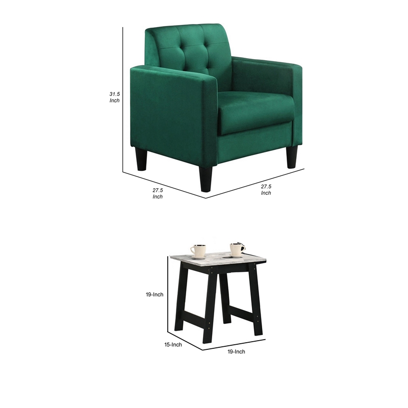 Benjara Oz Living Room Set with 2 Velvet Armchairs- Wood Accent End Table- Green