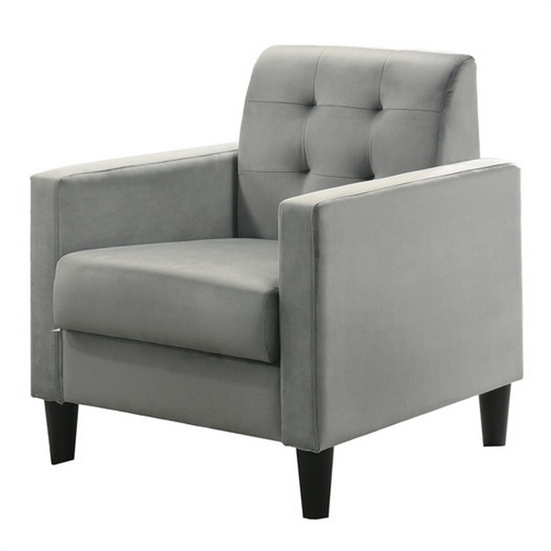 Benjara Oz Living Room Set with 2 Velvet Armchairs- Wood Accent End Table- Gray