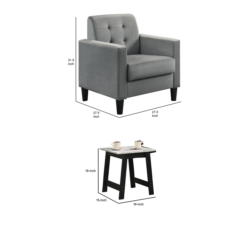 Benjara Oz Living Room Set with 2 Velvet Armchairs- Wood Accent End Table- Gray