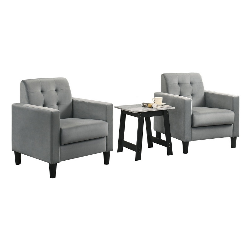 Benjara Oz Living Room Set with 2 Velvet Armchairs- Wood Accent End Table- Gray