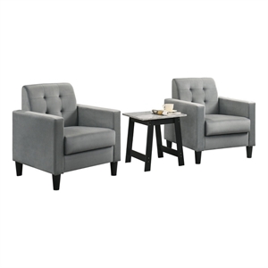 Benjara Oz Living Room Set with 2 Velvet Armchairs- Wood Accent End Table- Gray