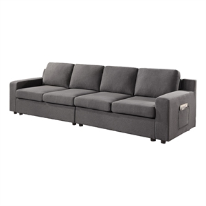 Benjara Cas 119&quot Modular 4 Seater Sofa with Side Pockets- Gray Linen Upholstery