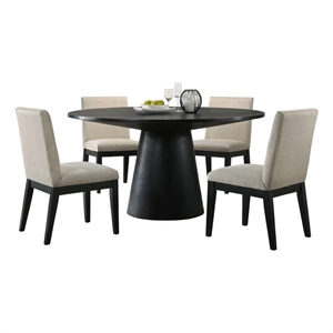 Benjara Kiy 5pc Black Dining Table Set with 4 Ergonomic Chairs- Beige Upholstery