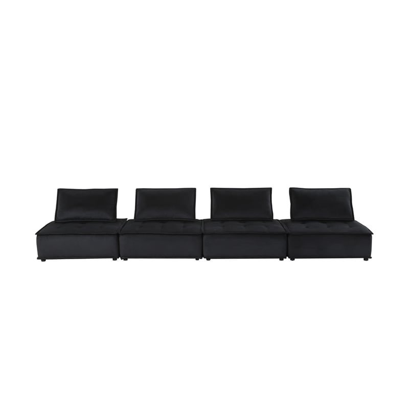 Benjara Alaya 4pc Modular Sectional Sofa- Tufted Seats- Black Velvet Upholstery