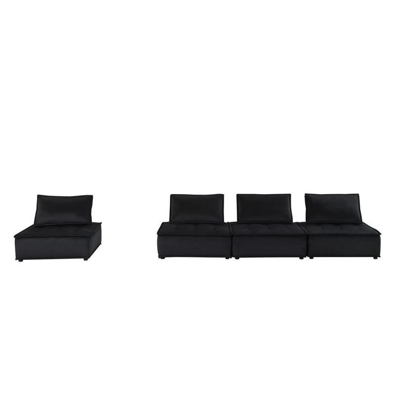 Benjara Alaya 4pc Modular Sectional Sofa- Tufted Seats- Black Velvet Upholstery