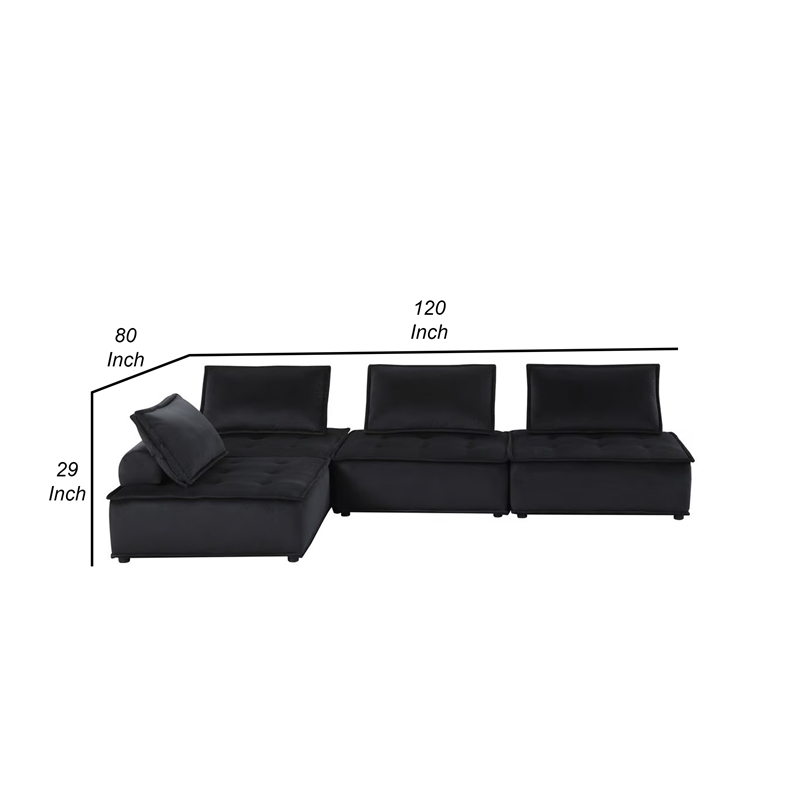 Benjara Alaya 4pc Modular Sectional Sofa- Tufted Seats- Black Velvet Upholstery