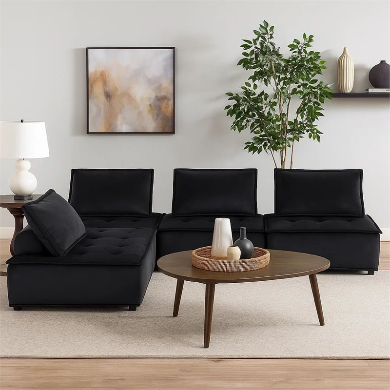 Benjara Alaya 4pc Modular Sectional Sofa- Tufted Seats- Black Velvet Upholstery