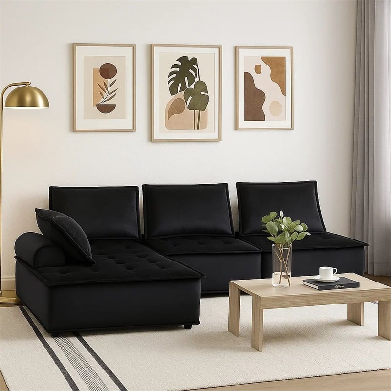 Benjara Alaya 4pc Modular Sectional Sofa- Tufted Seats- Black Velvet Upholstery