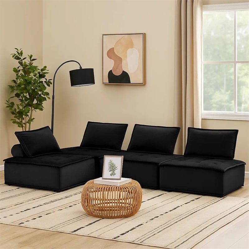 Benjara Alaya 4pc Modular Sectional Sofa- Tufted Seats- Black Velvet Upholstery