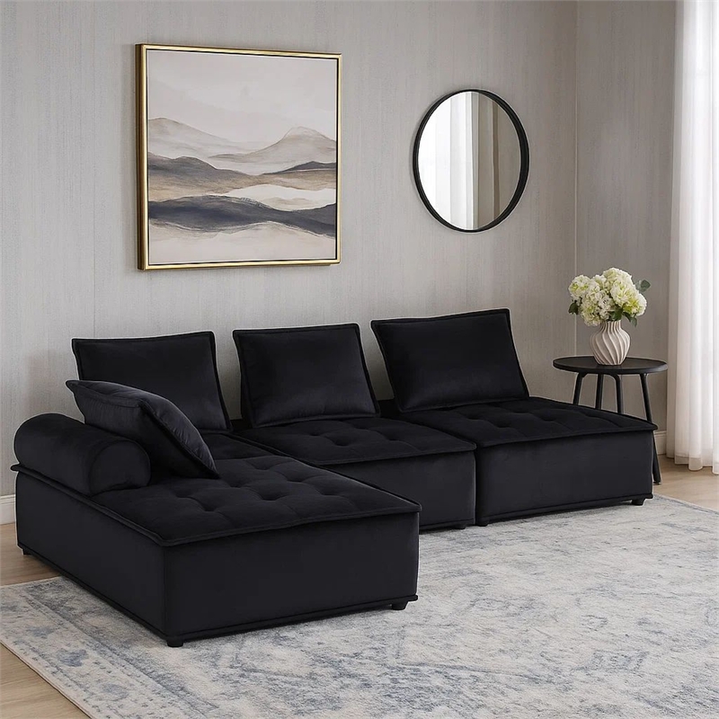 Benjara Alaya 4pc Modular Sectional Sofa- Tufted Seats- Black Velvet Upholstery