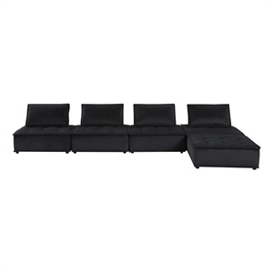 Benjara Alaya 5pc Foam Modular Sectional Sofa w/ Ottoman-Black Velvet Upholstery