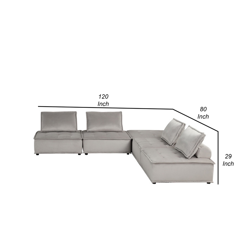Benjara Alaya 5pc Foam Modular Sectional Sofa w/ Ottoman- Gray Velvet Upholstery