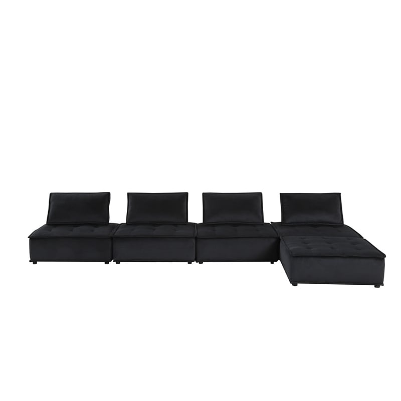 Benjara Alaya 5pc Modular Sectional Sofa with 2 Ottomans-Black Velvet Upholstery
