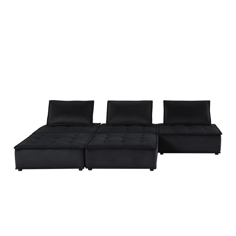 Benjara Alaya 5pc Modular Sectional Sofa with 2 Ottomans-Black Velvet Upholstery